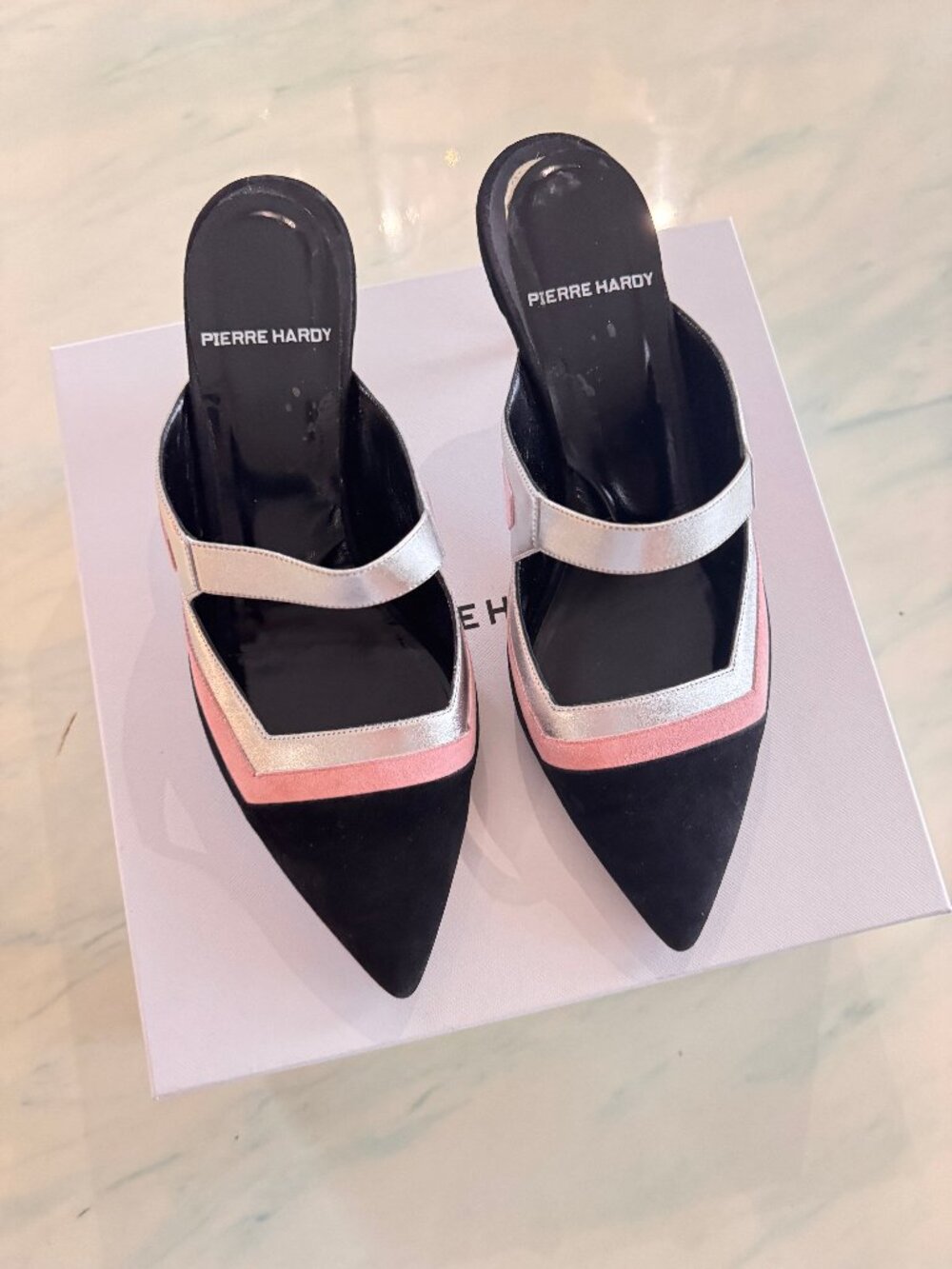 Pierre Hardy Suede & Leather Mules – Black, Blush Pink & Metallic Silver – EU 38